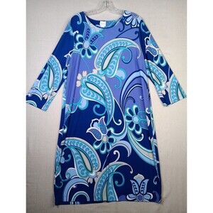 Chico's Midi Sheath Dress Size 3 (XL) Blue Teal Paisley Print Stretch EUC